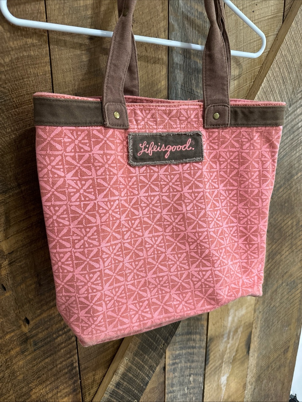 Life Is Good Pink Canvas Tote Bag Brown Handles “There’s No Place Like Roam” - Picture 3 of 11